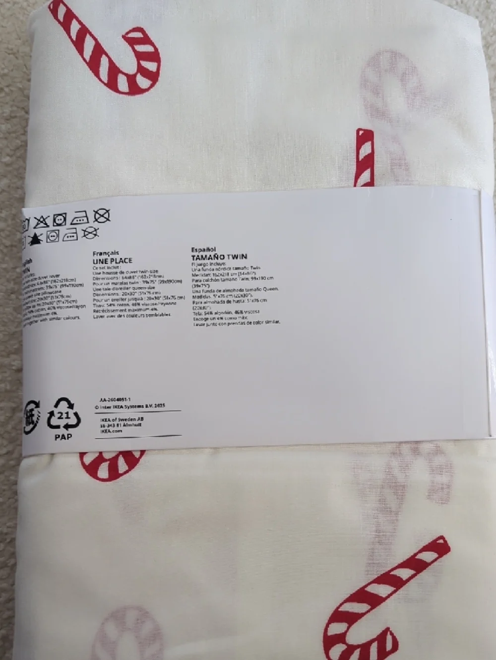 Twin Duvet Cover And Queen Pillow Case in Off-White and Red Candy Cane Print